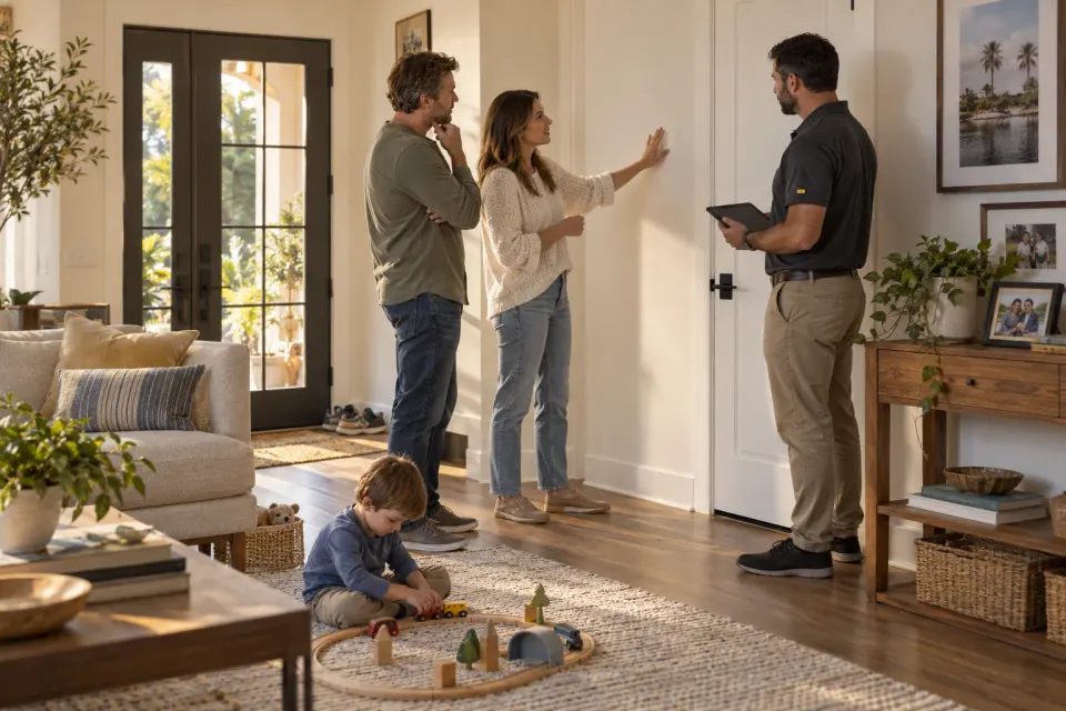Illustrative scene: Parents discussing a concern beside an interior door with an inspector holding an iPad while their child plays nearby