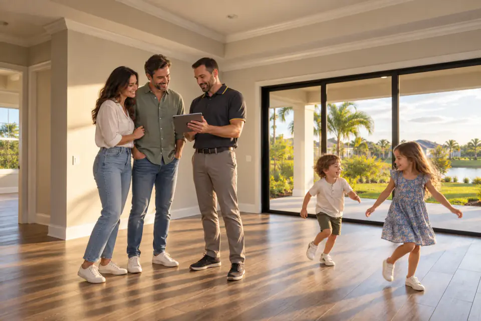 Illustrative scene: parents reviewing an iPad with a home inspector while their children play in a newly finished living room
