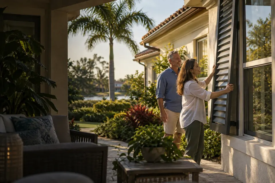 Illustrative scene of homeowners beside a shuttered window and tiled roof at a Florida home